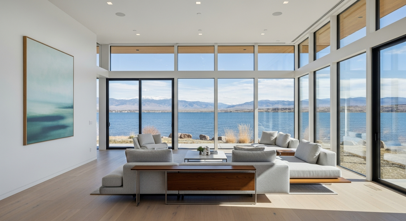 Bright contemporary Denver lakeside luxury home interior with large windows and lake views